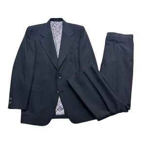 vtg 1970s Johnny Carson 40R 34x32 Navy Blue 2pc Pant Suit Knit USA Flare Leg
